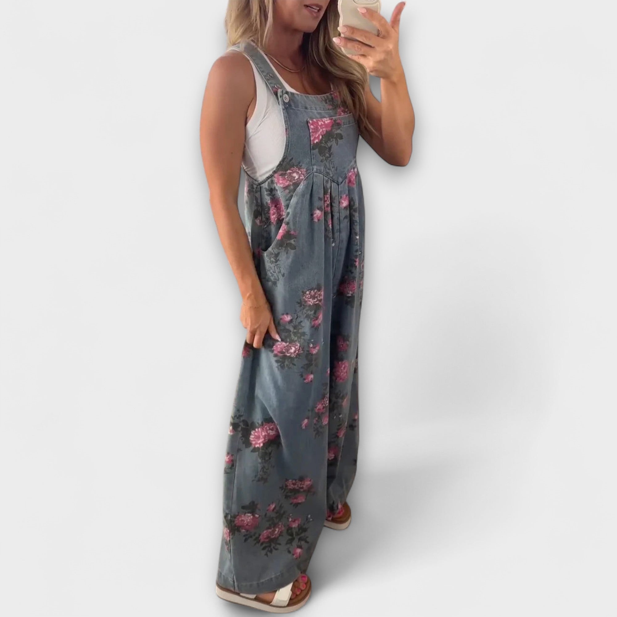 Bethany | Floral Pattern Wide Denim Overalls
