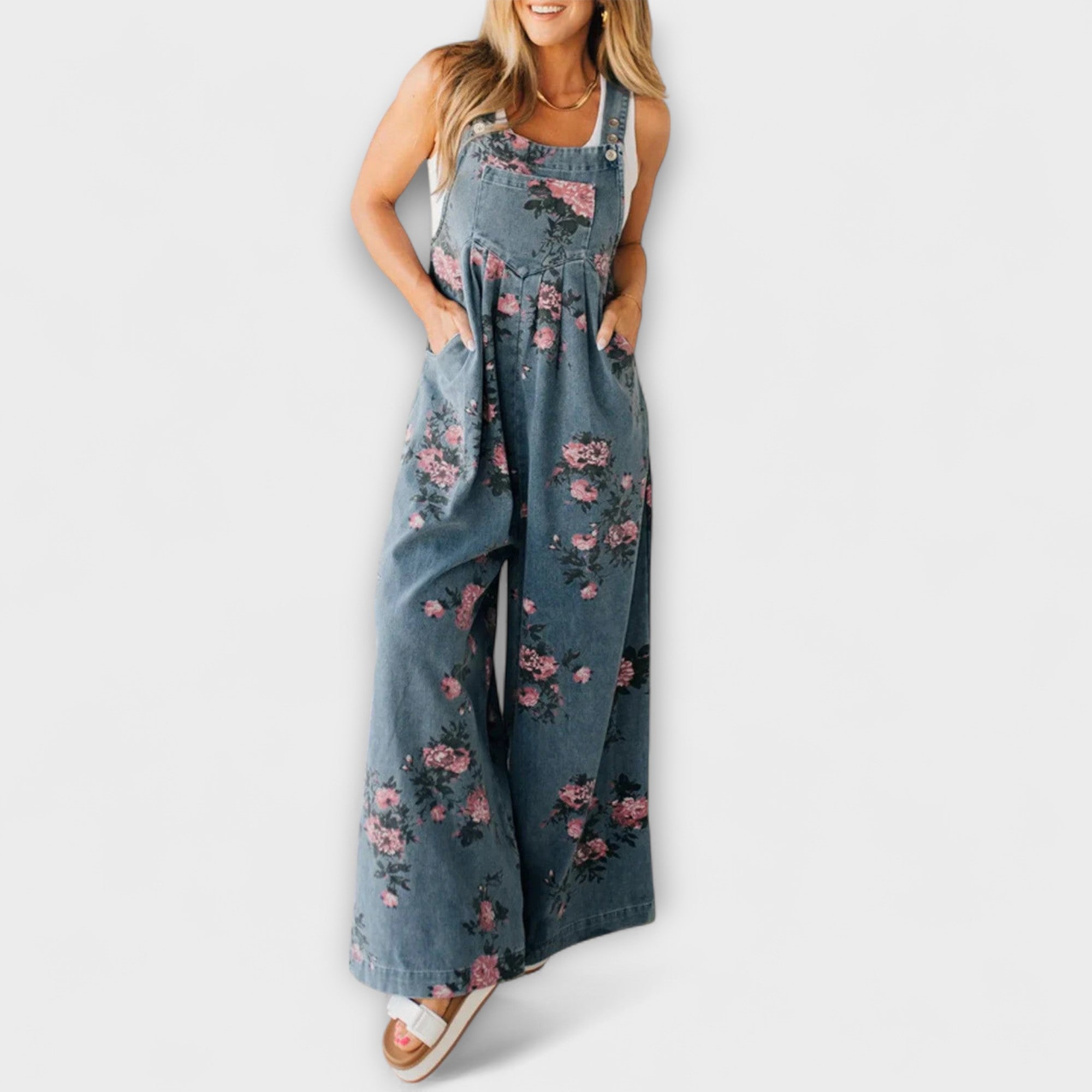 Bethany | Floral Pattern Wide Denim Overalls
