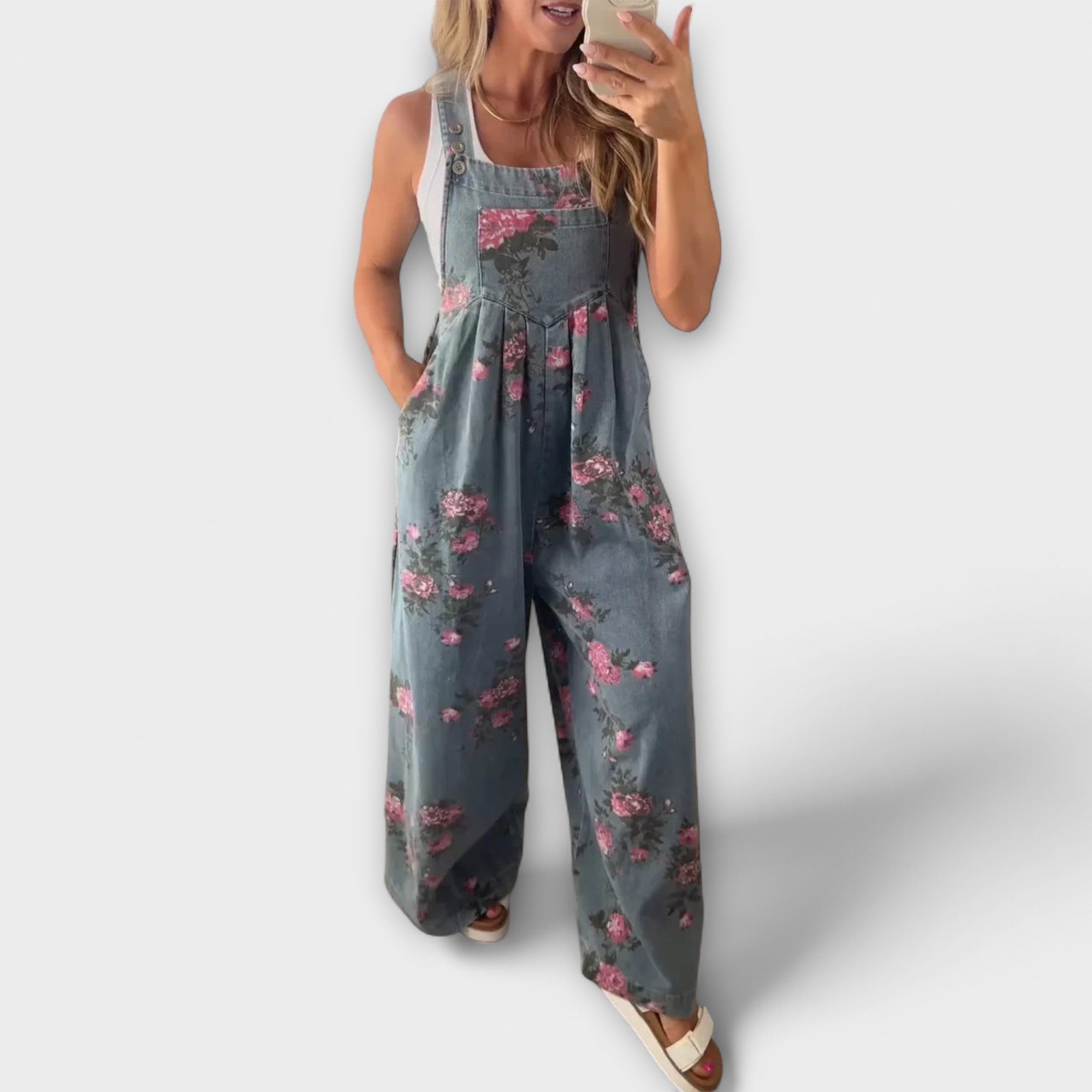 Bethany | Floral Pattern Wide Denim Overalls