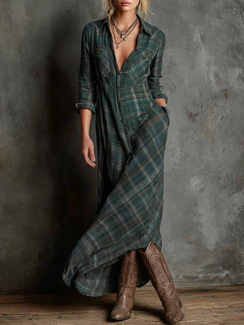 Hazel | Long dress with green checkered pattern