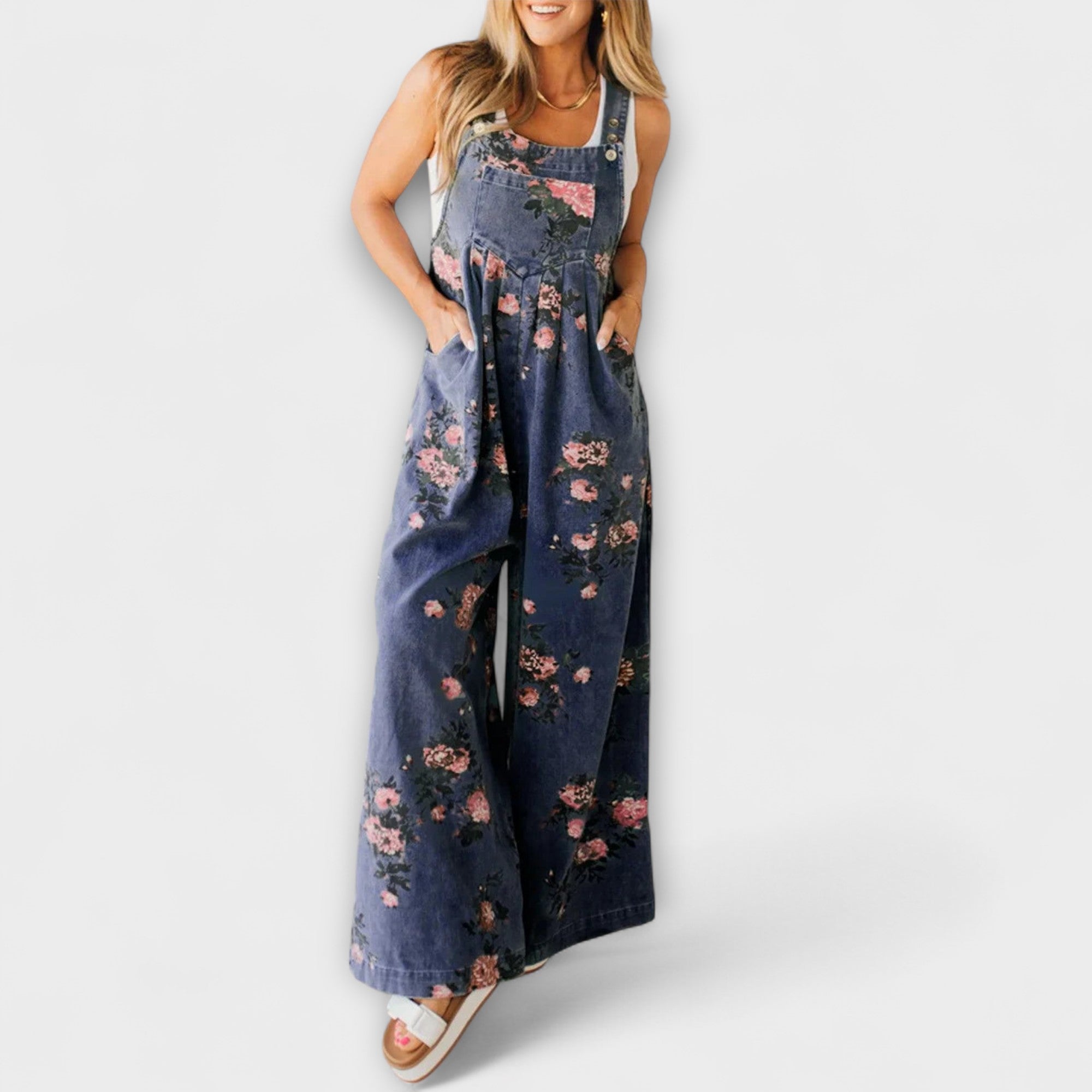 Bethany | Floral Pattern Wide Denim Overalls