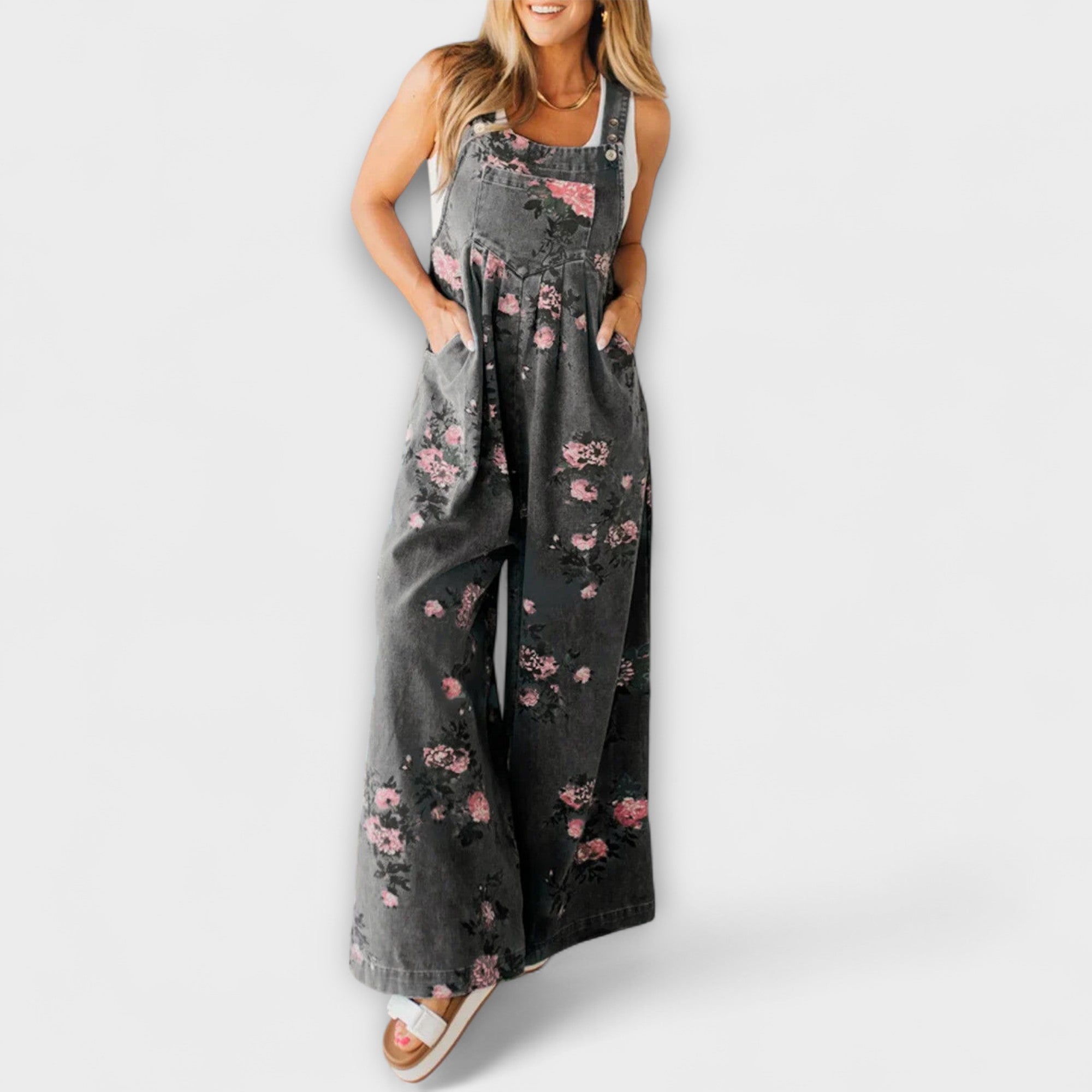 Bethany | Floral Pattern Wide Denim Overalls