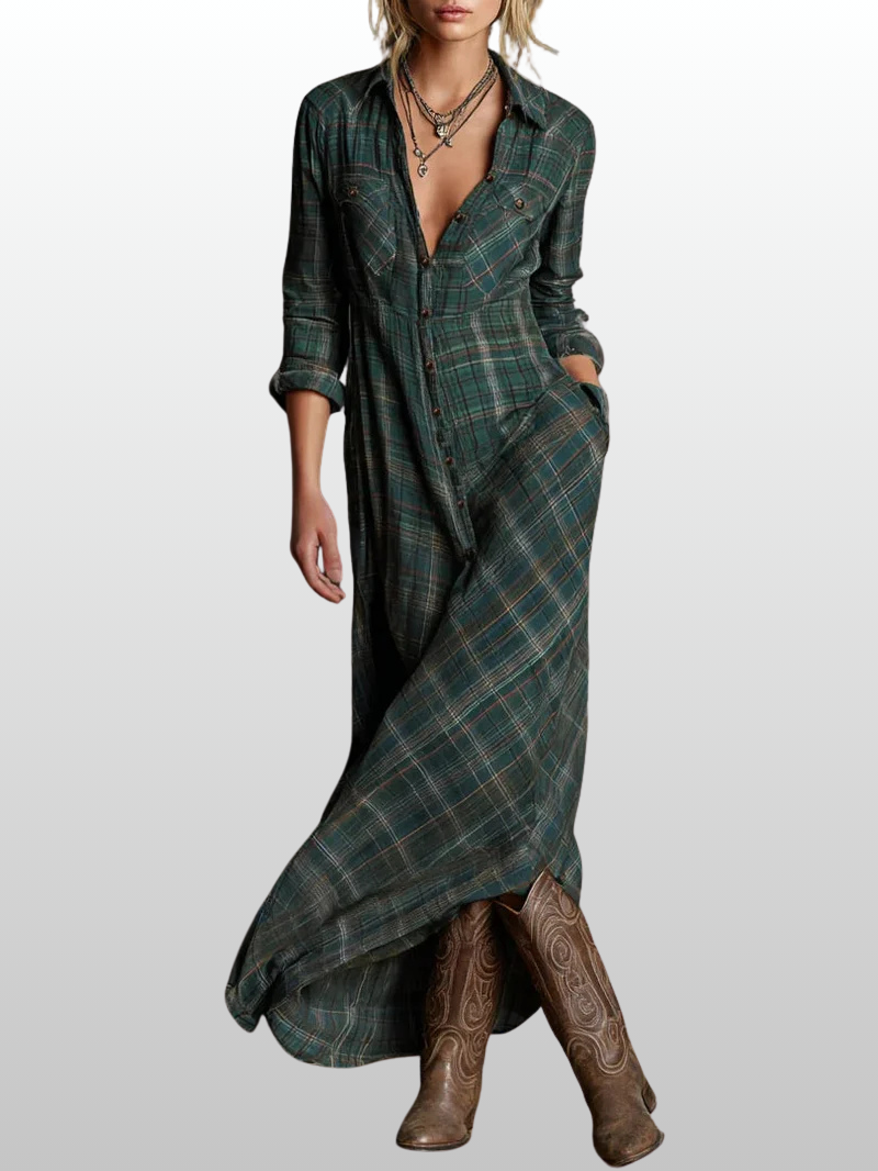 Hazel |  Long dress with green checkered pattern